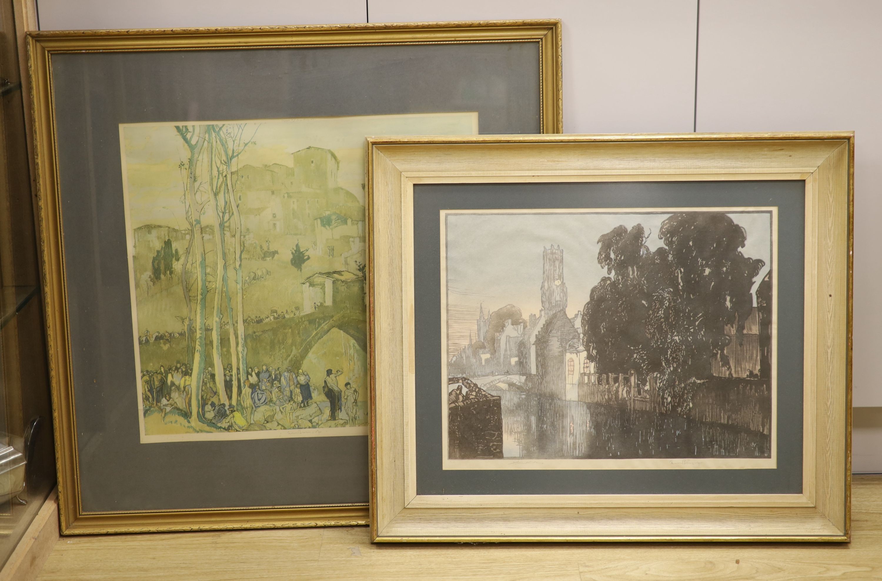 Frank Brangwyn and Urushibara, wood engraving, Bruges at night, signed by both artists and numbered 16, 39 x 50cm, and a signed colour print of a Spanish landscape, 50 x 54cm